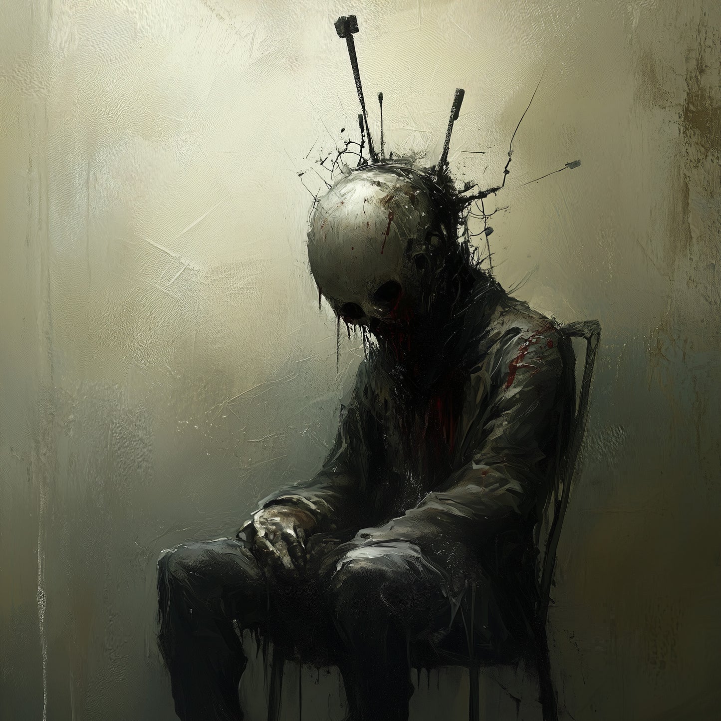 Acupunctured Sitting Man Painting Poster, Dark Moody Wall Art, Creepy Absurd Print