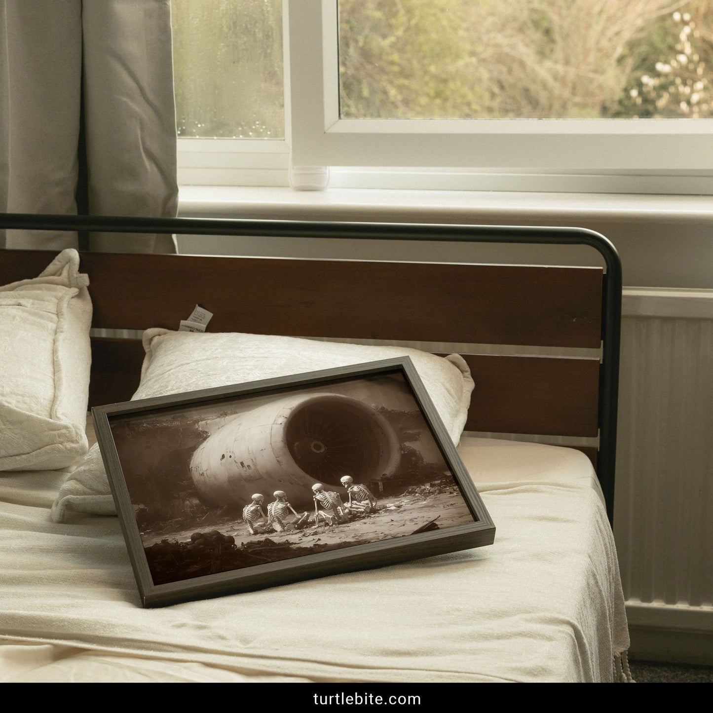 Post-apocalyptic wall art depicting skeleton figures waiting calmly among disaster debris and destroyed turbine engine