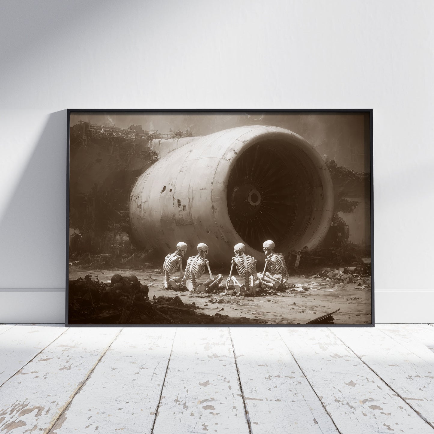 Apocalypse art print showing four skeletons sitting before crashed aircraft engine in sepia-toned post-apocalyptic wasteland