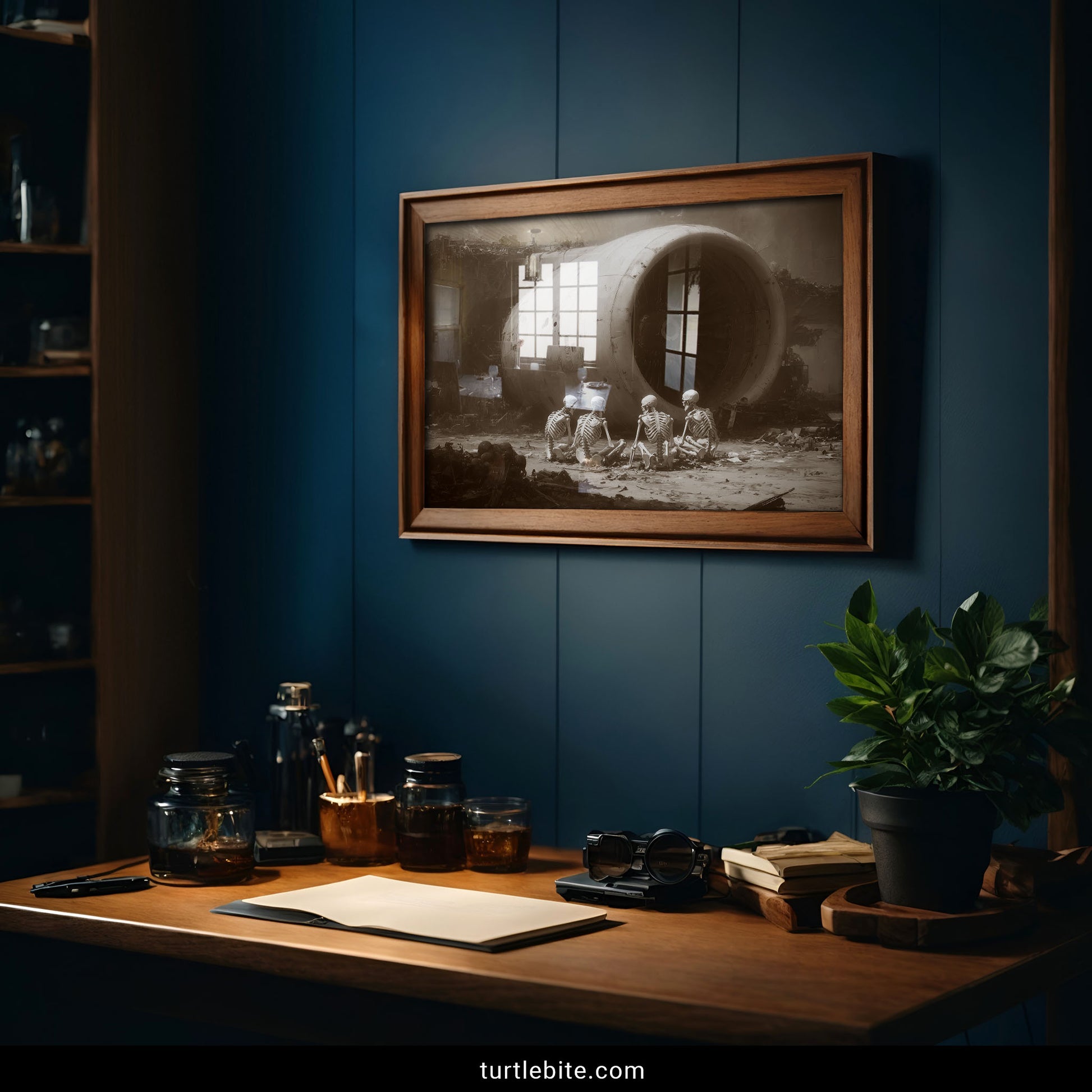 Dark surreal skeleton poster featuring memento mori scene with dystopian aircraft wreckage and desolate landscape