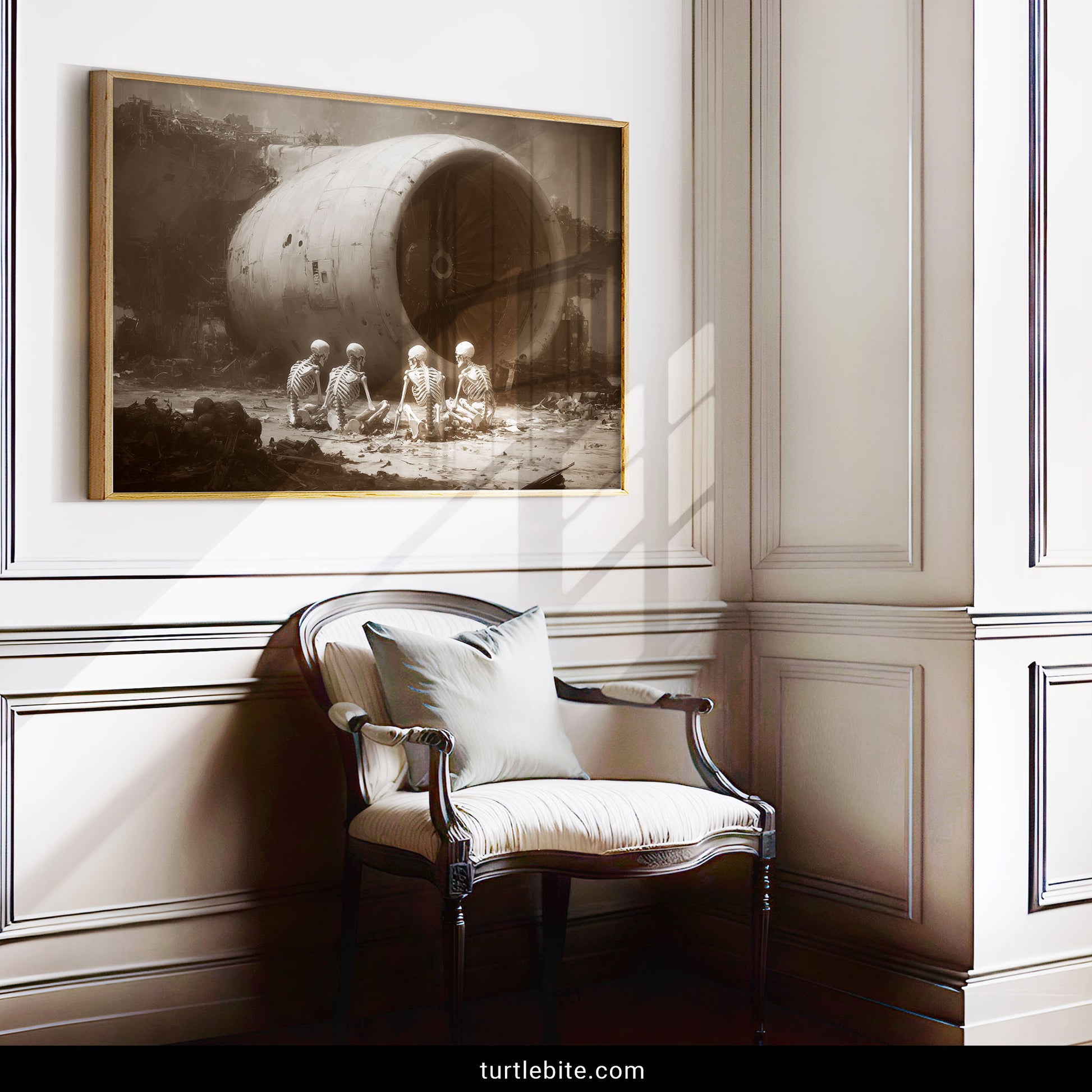 Gothic skeleton art print with philosophical theme showing end times scene in moody sepia tones