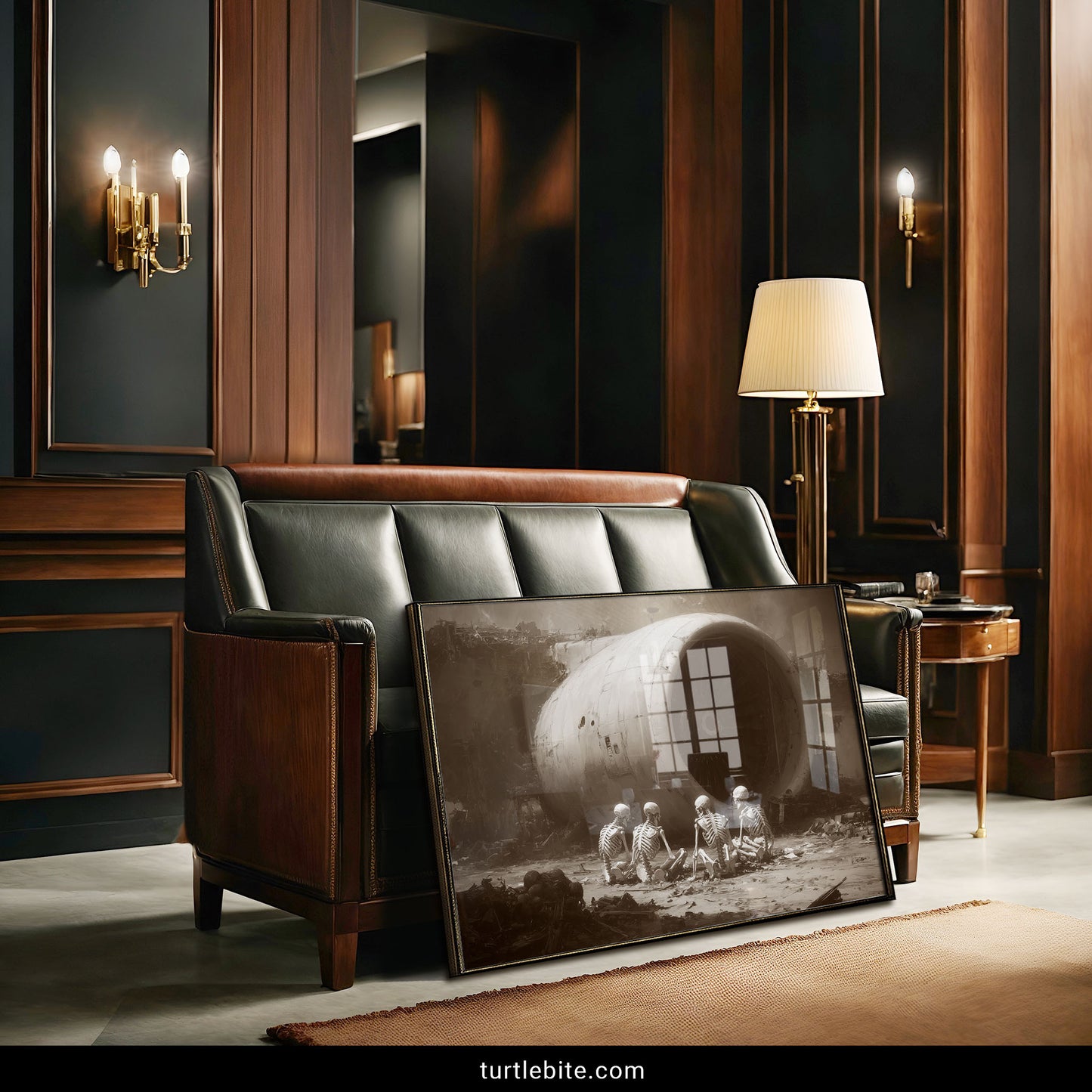 Dystopian poster art featuring four skeletons in meditation pose before massive crashed jet engine in apocalyptic setting