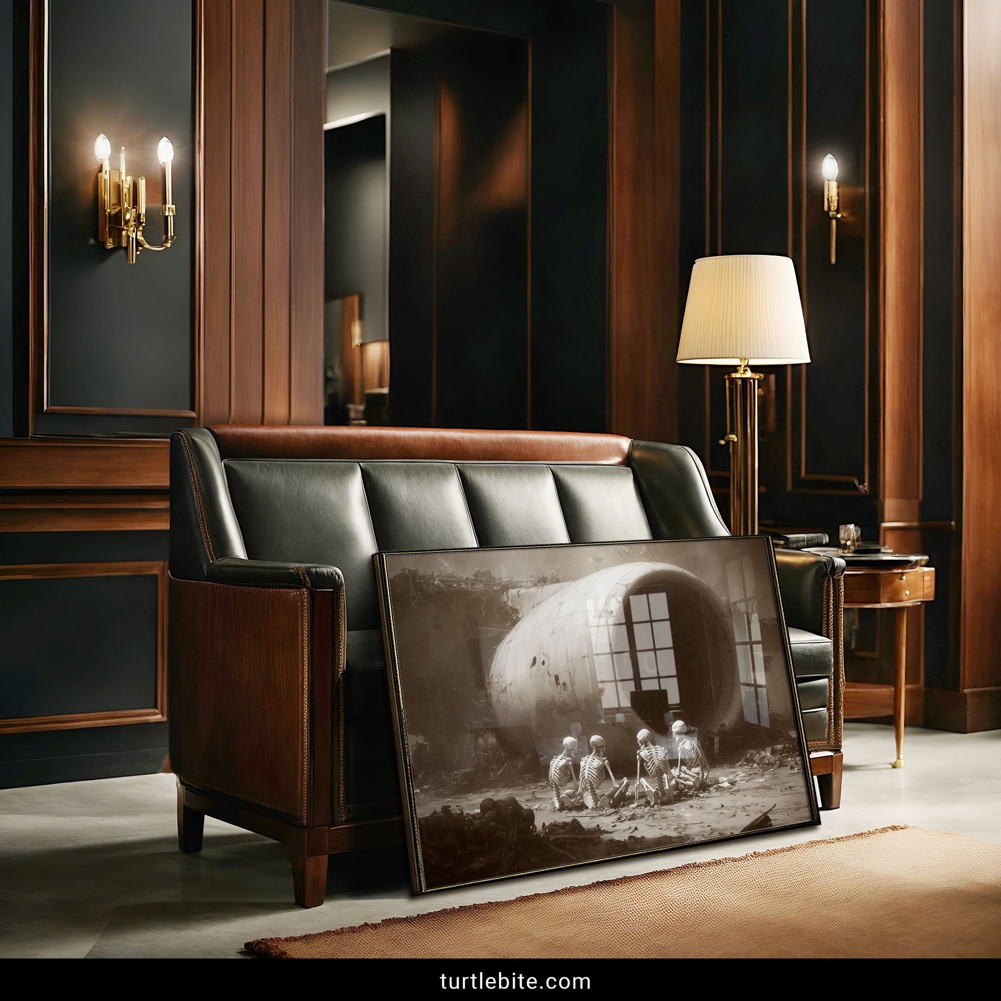 Dystopian poster art featuring four skeletons in meditation pose before massive crashed jet engine in apocalyptic setting