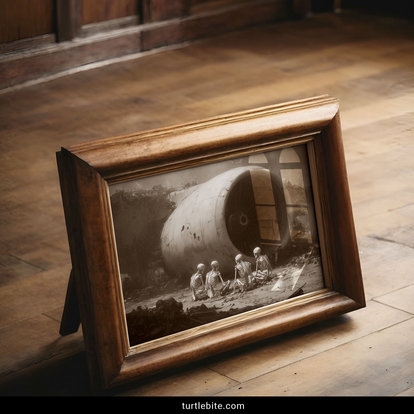 Dystopian poster art featuring four skeletons in meditation pose before massive crashed jet engine in apocalyptic setting