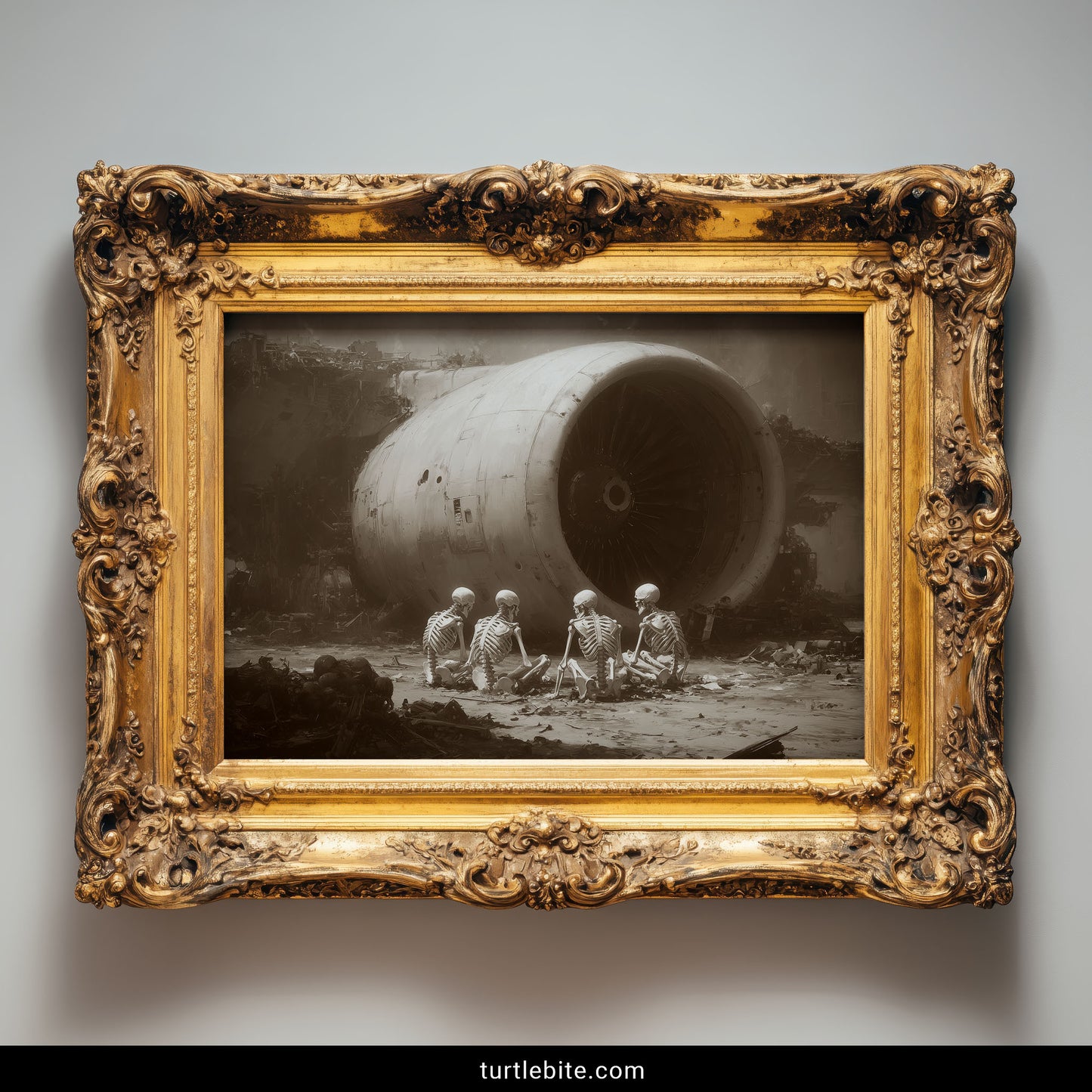 Dark surreal skeleton poster featuring memento mori scene with dystopian aircraft wreckage and desolate landscape