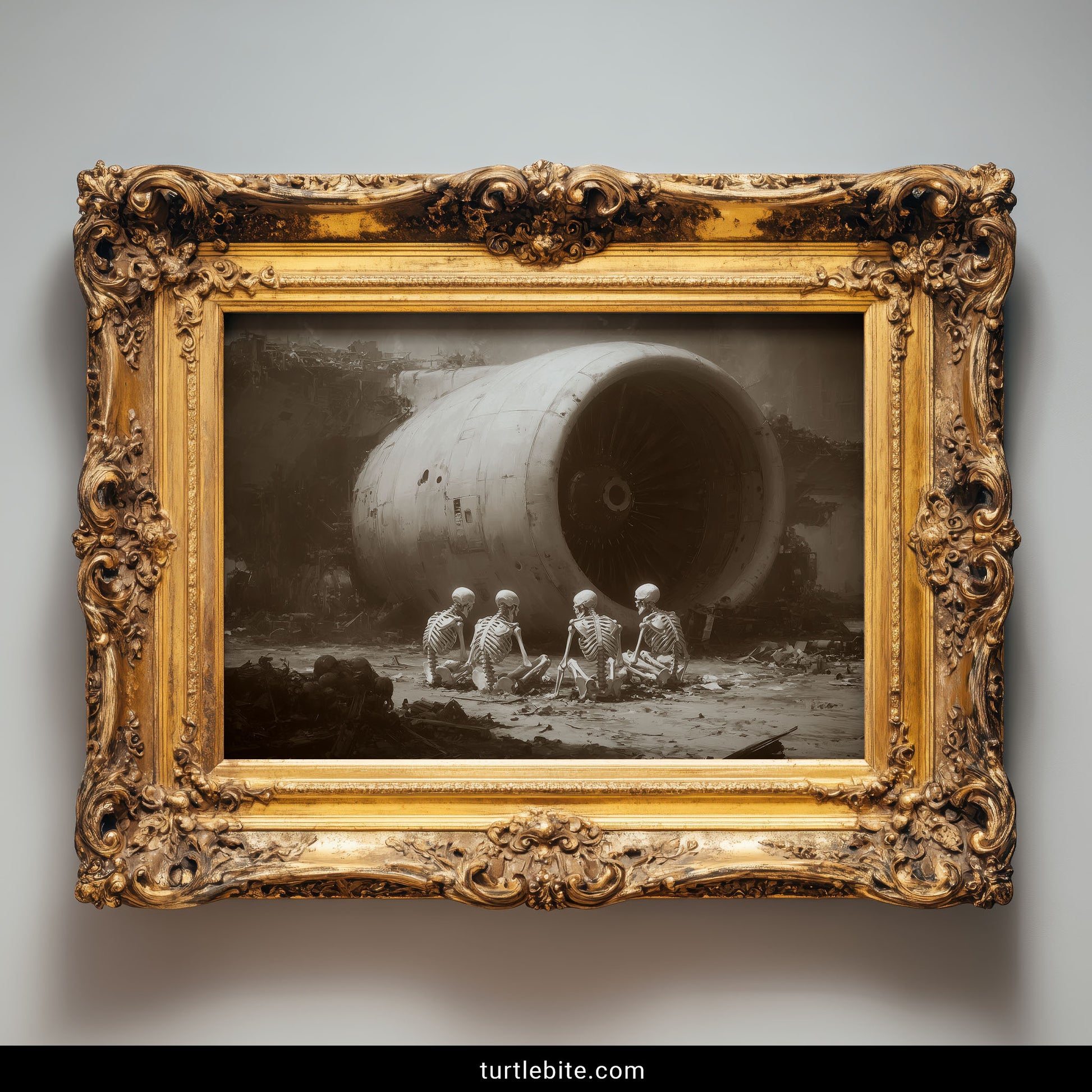 Dark surreal skeleton poster featuring memento mori scene with dystopian aircraft wreckage and desolate landscape