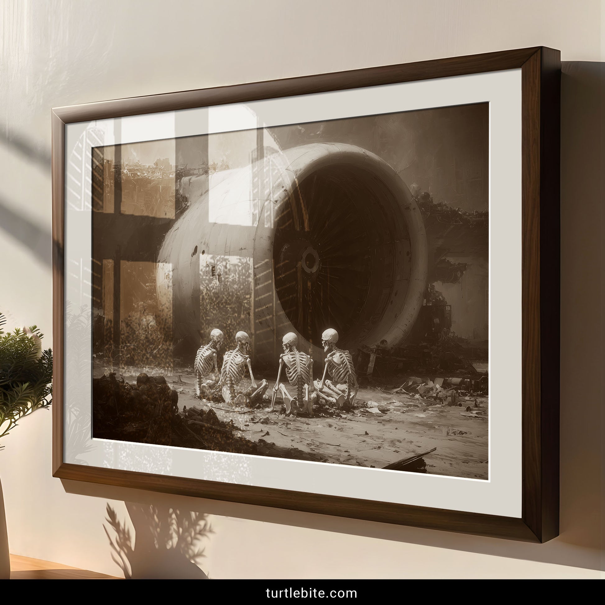 Gothic skeleton art print with philosophical theme showing end times scene in moody sepia tones