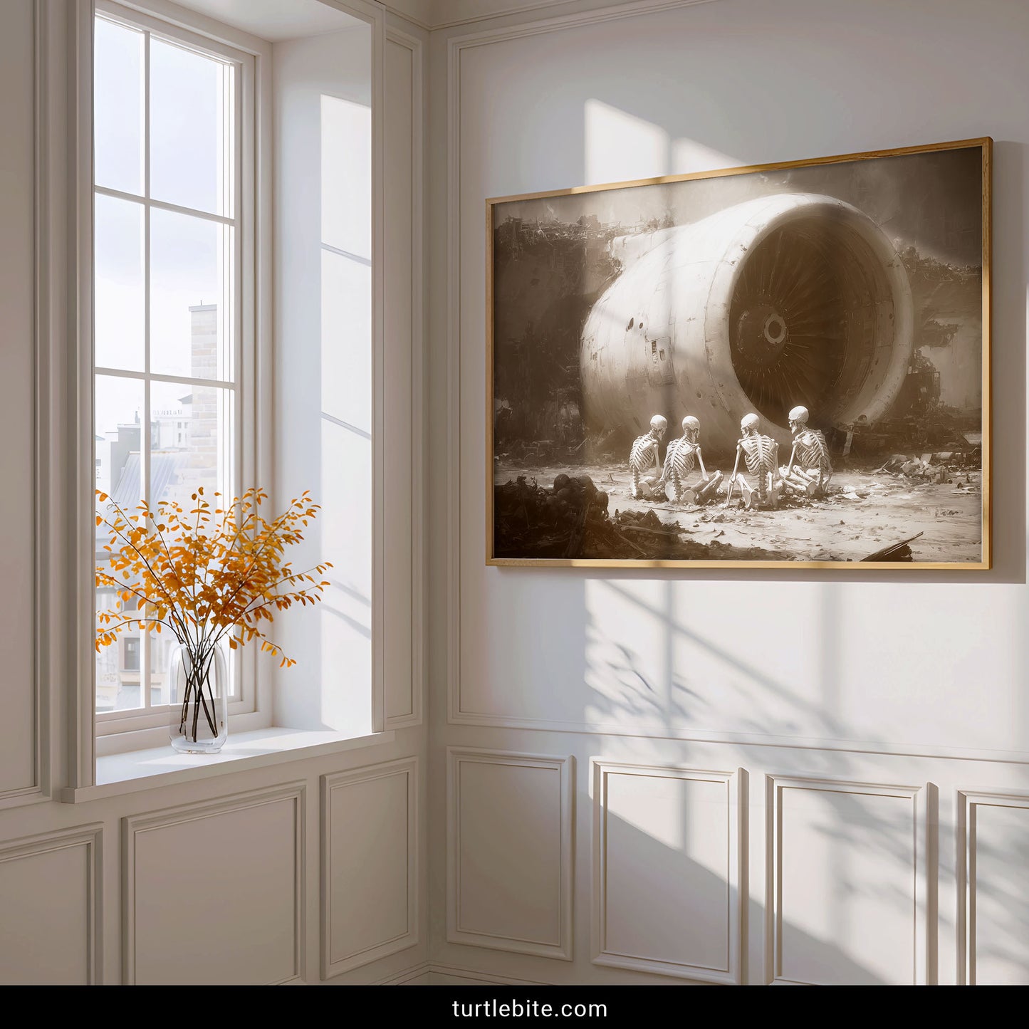 Dystopian poster art featuring four skeletons in meditation pose before massive crashed jet engine in apocalyptic setting