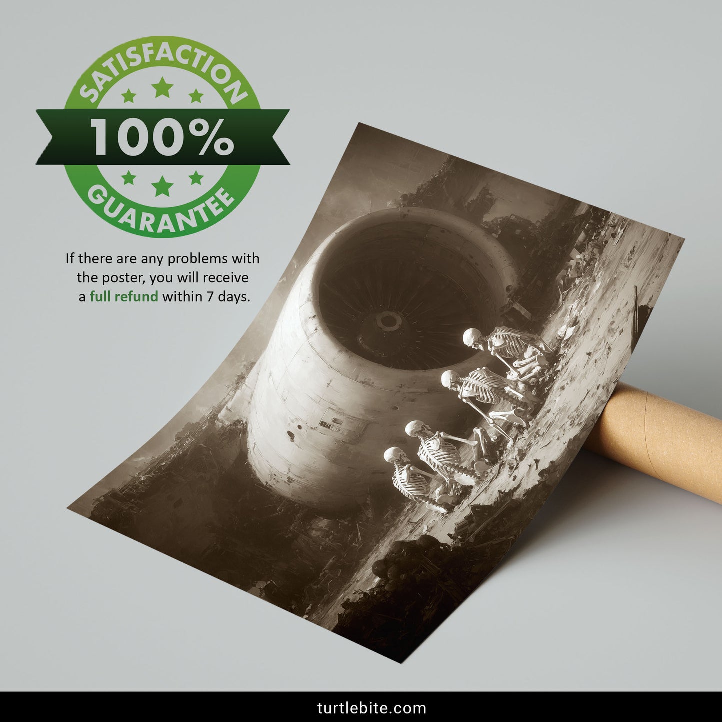 Post-apocalyptic wall art depicting skeleton figures waiting calmly among disaster debris and destroyed turbine engine