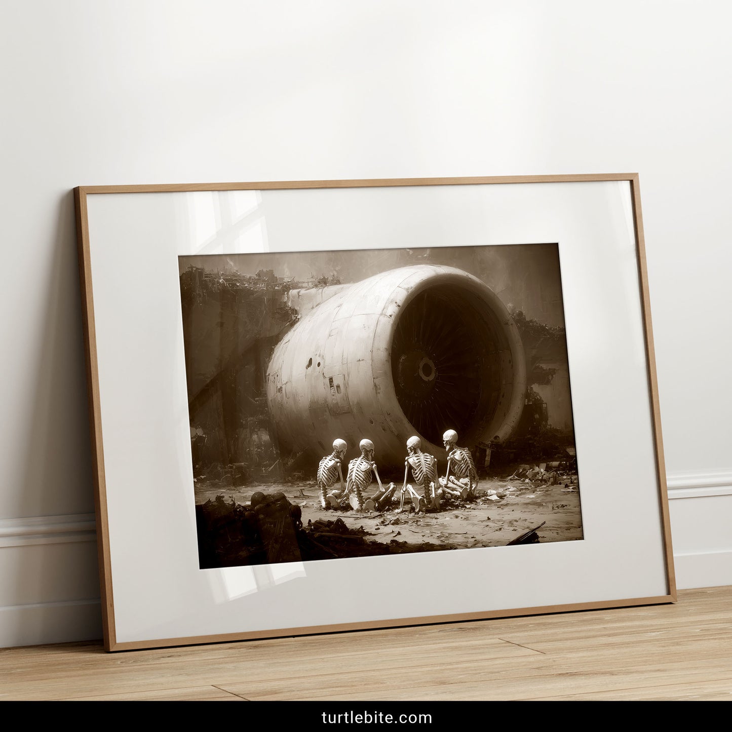 Apocalypse art print showing four skeletons sitting before crashed aircraft engine in sepia-toned post-apocalyptic wasteland
