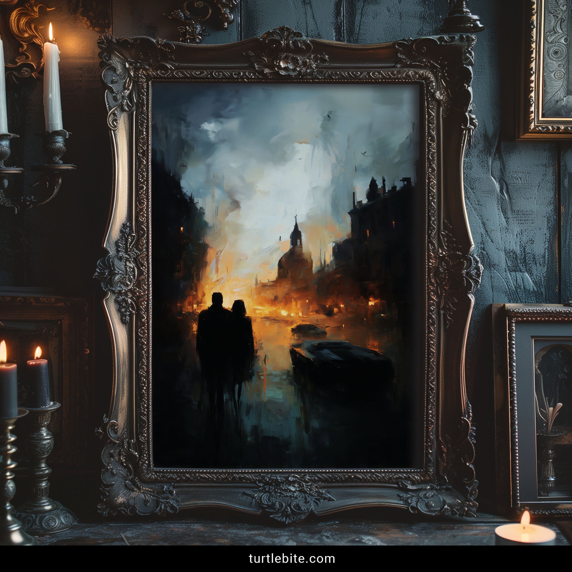 Dark surreal painting of figures observing dystopian cityscape fire with abandoned vehicles on burning street