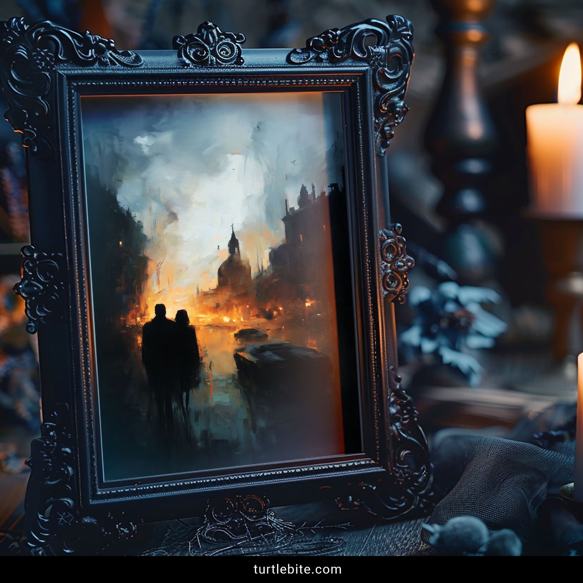 Gothic wall art depicting baroque cathedral burning in apocalyptic urban scene with futuristic cars and moody atmosphere