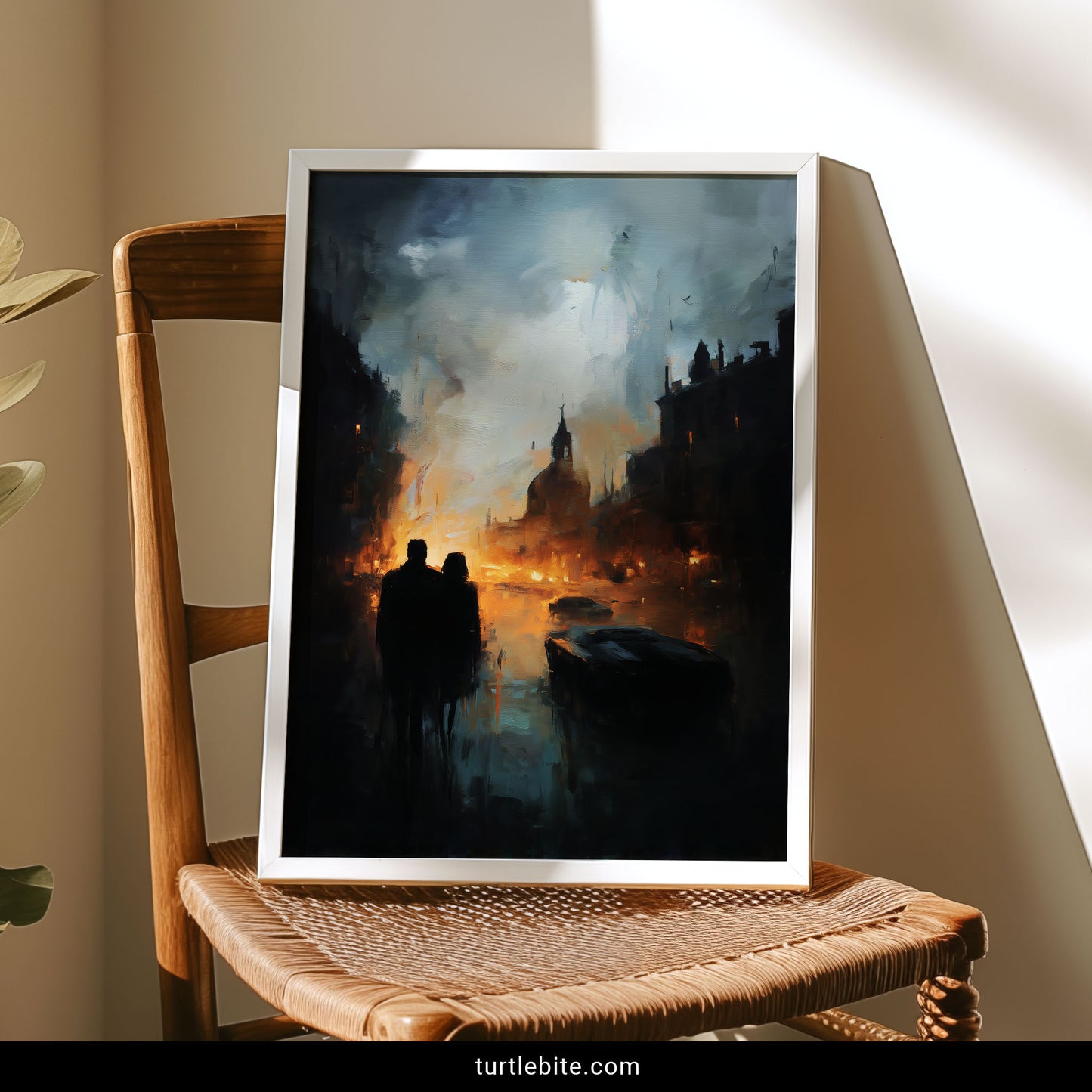 Gothic wall art depicting baroque cathedral burning in apocalyptic urban scene with futuristic cars and moody atmosphere