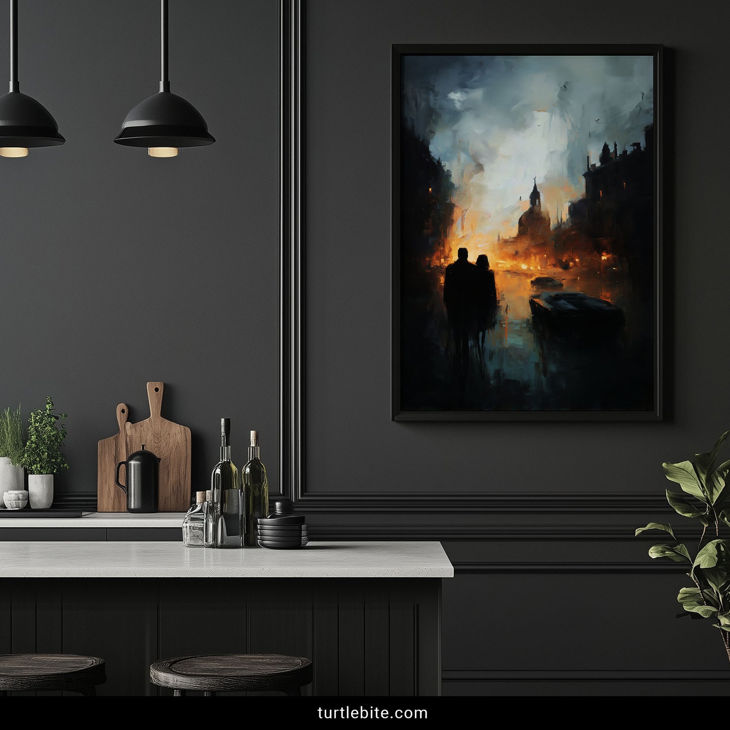 Moody apocalyptic poster with silhouetted couple viewing city destruction with golden flames consuming modern vehicles