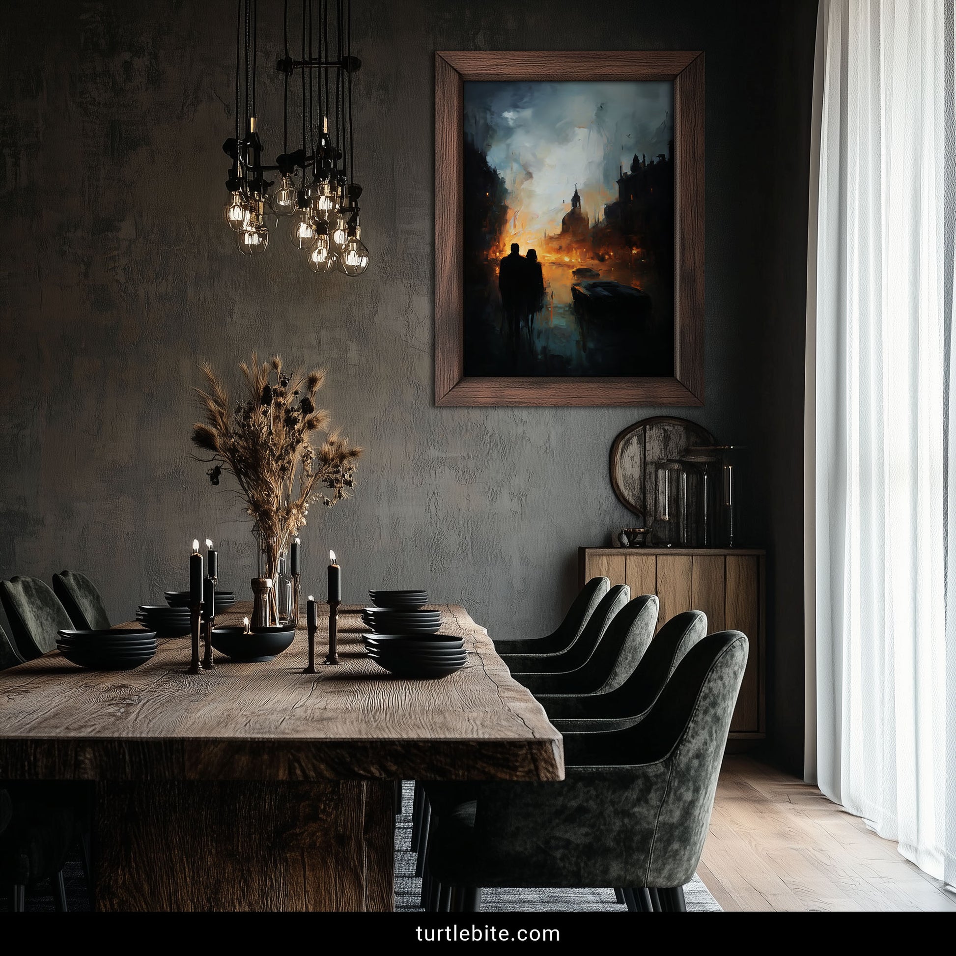 Disturbing art print of burning baroque city architecture with figures watching futuristic cars amid street flames