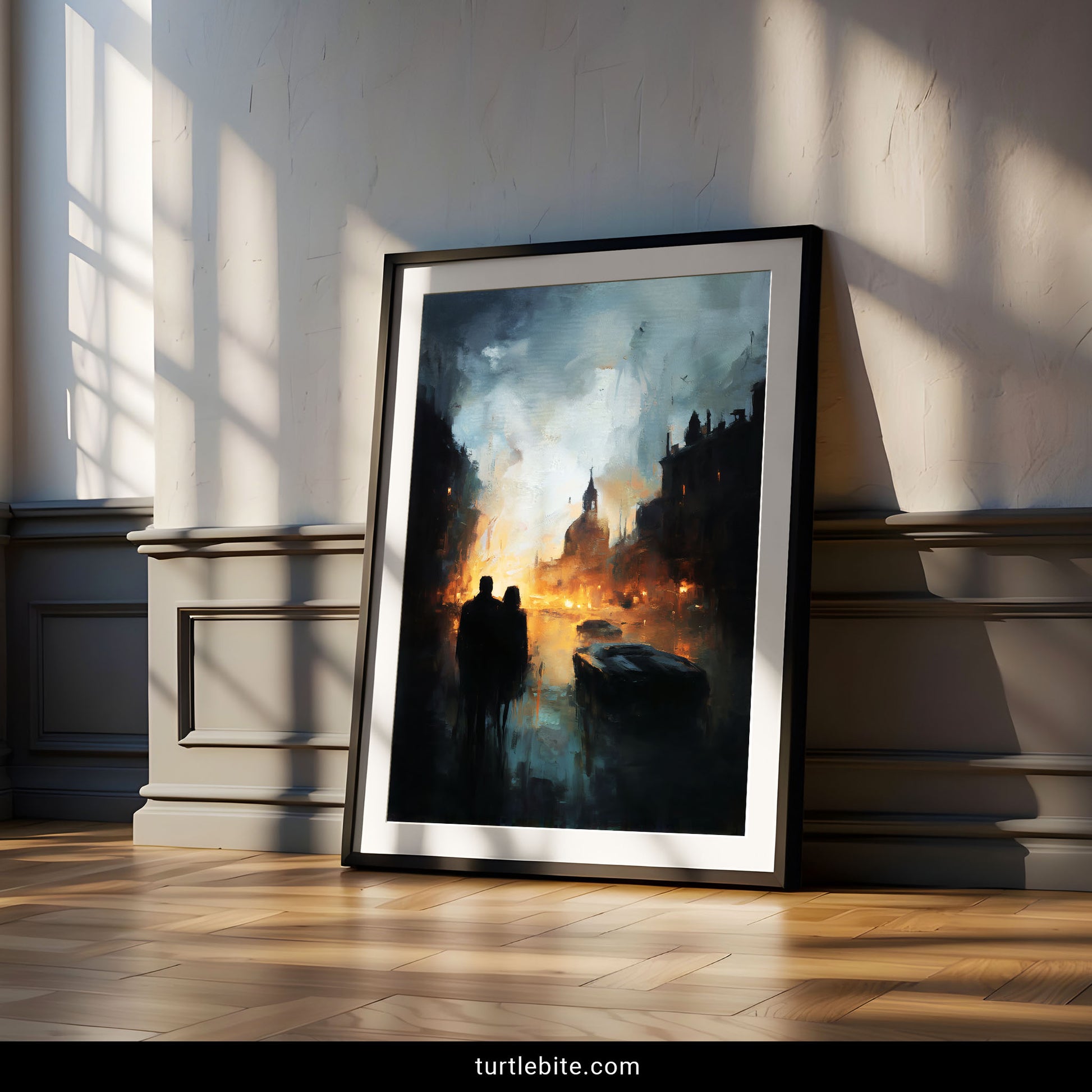 Dark surreal painting of figures observing dystopian cityscape fire with abandoned vehicles on burning street