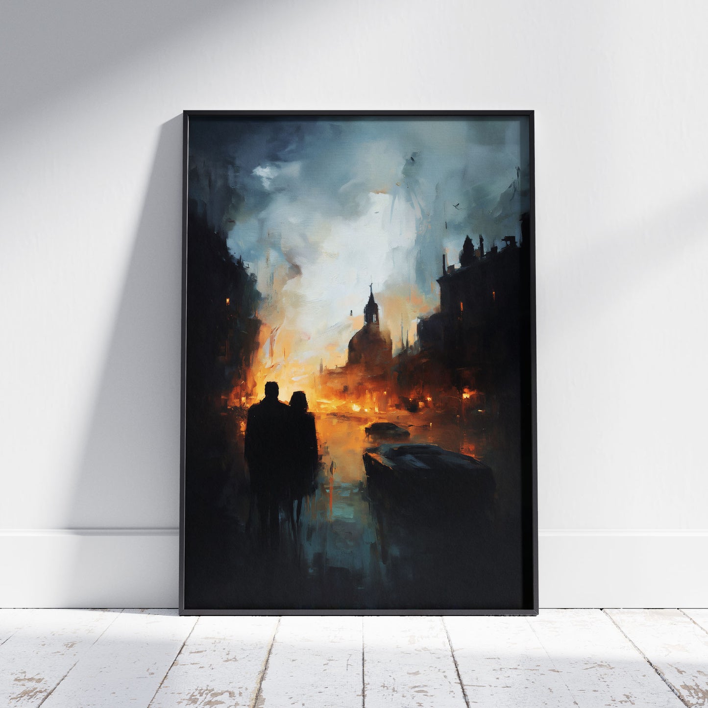 Apocalyptic art print showing two silhouettes watching burning city with cathedral and futuristic cars engulfed in flames