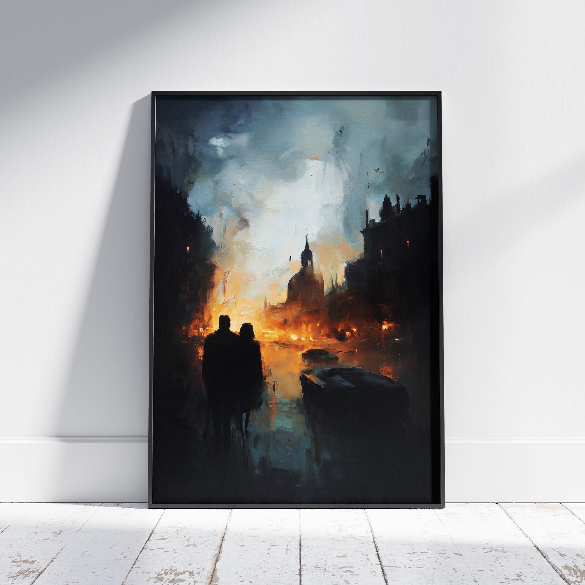 Apocalyptic art print showing two silhouettes watching burning city with cathedral and futuristic cars engulfed in flames