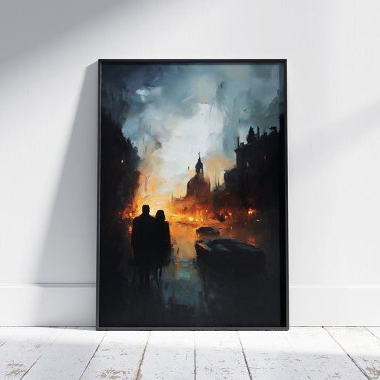 Apocalyptic art print showing two silhouettes watching burning city with cathedral and futuristic cars engulfed in flames