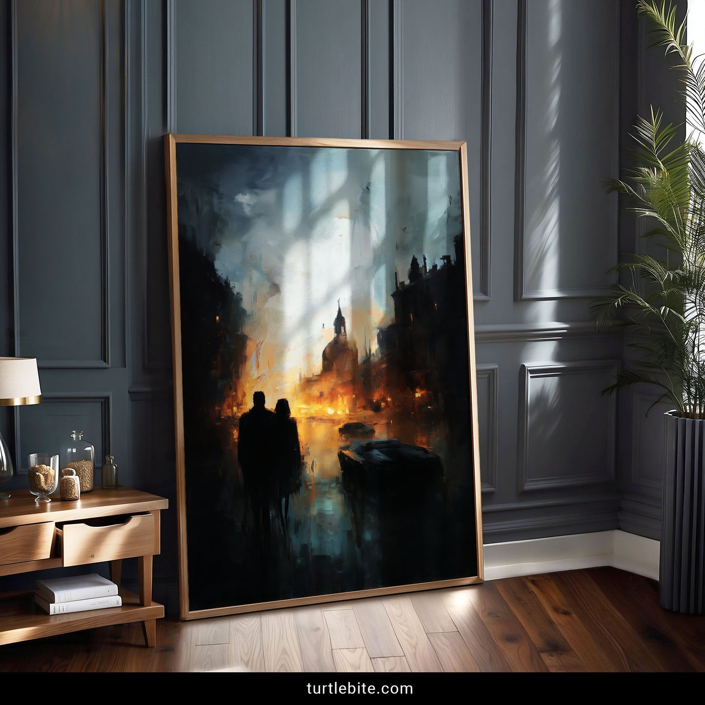 Moody apocalyptic poster with silhouetted couple viewing city destruction with golden flames consuming modern vehicles