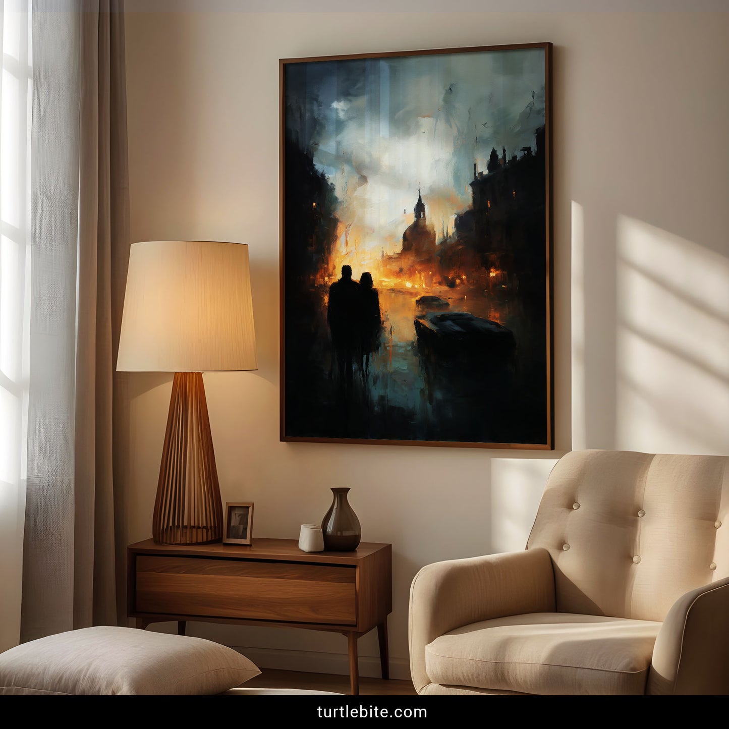 Disturbing art print of burning baroque city architecture with figures watching futuristic cars amid street flames