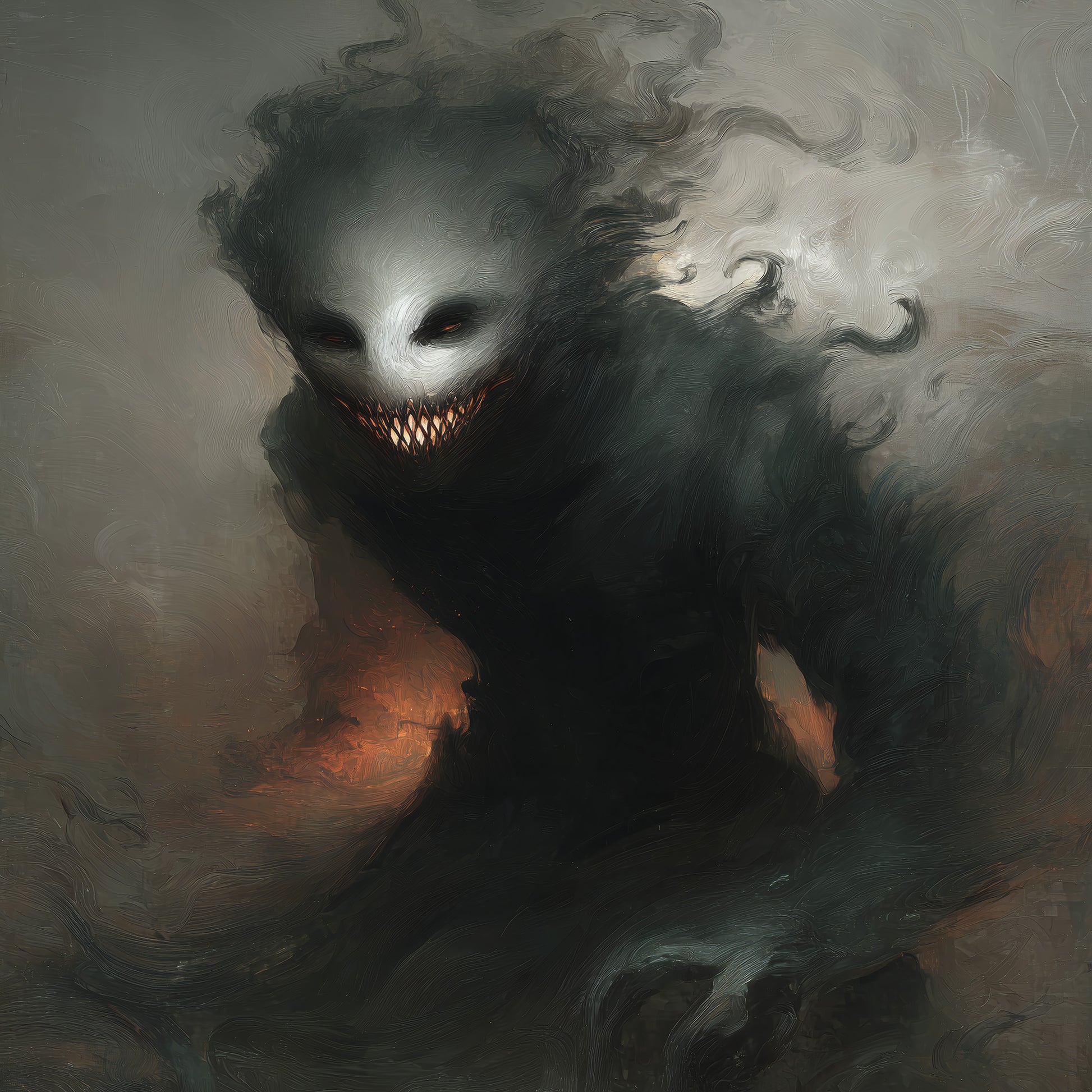 Creepy ghost demon with sharp teeth emerging from dark smoke horror wall art poster
