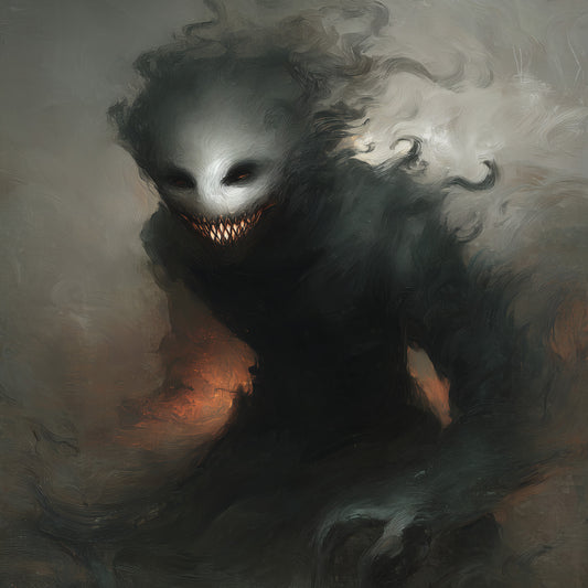 Creepy ghost demon with sharp teeth emerging from dark smoke horror wall art poster