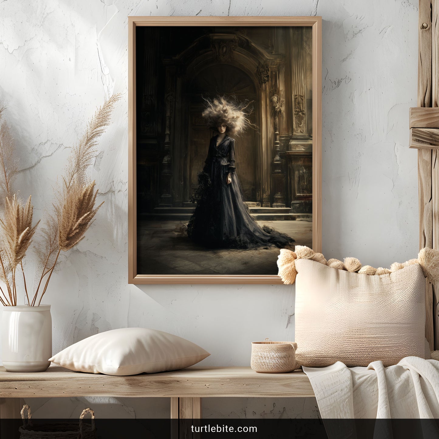 Victorian gothic art print with dramatic woman portrait in abandoned building with ornate columns