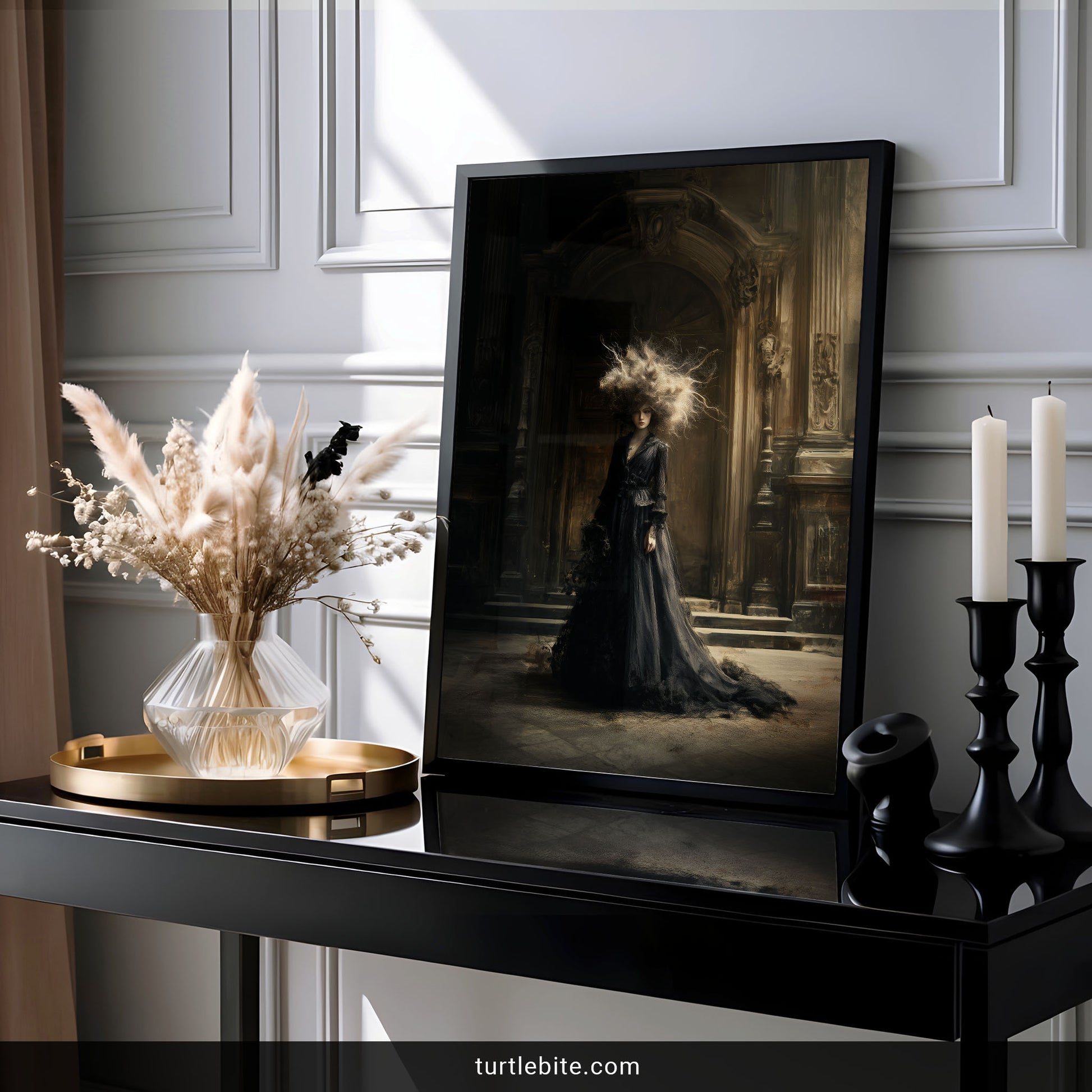 Moody gothic home decor print with mysterious woman and supernatural hair effect in decaying architecture