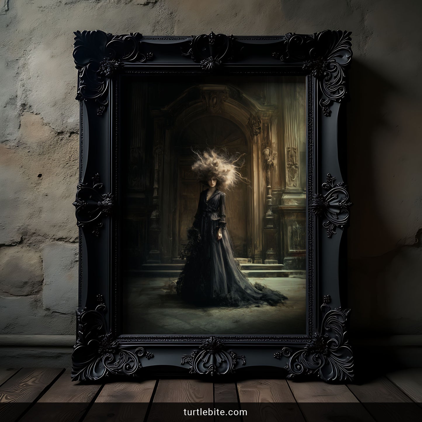 Dark romantic wall art depicting woman in flowing black dress with ethereal hair in gothic mansion setting