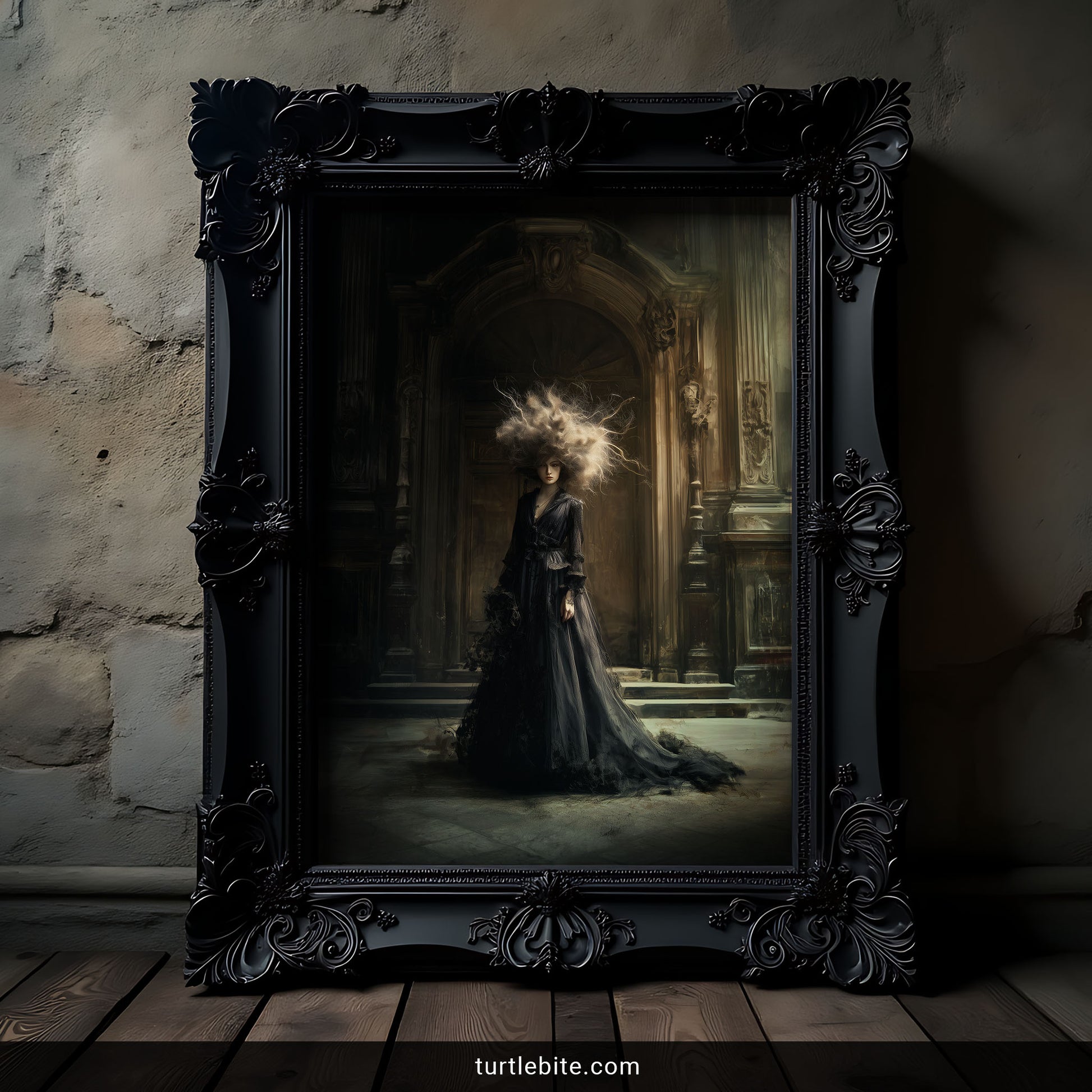 Dark romantic wall art depicting woman in flowing black dress with ethereal hair in gothic mansion setting