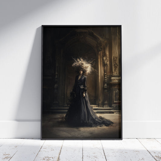 Gothic wall art print featuring Victorian woman with wild flowing hair in abandoned mansion with dramatic lighting
