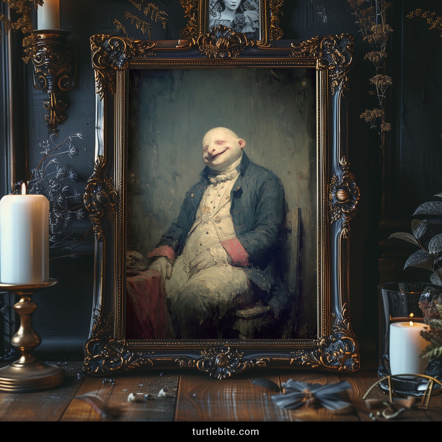 Disturbing classical portrait print featuring bizarre flesh-melting aristocrat in vintage attire