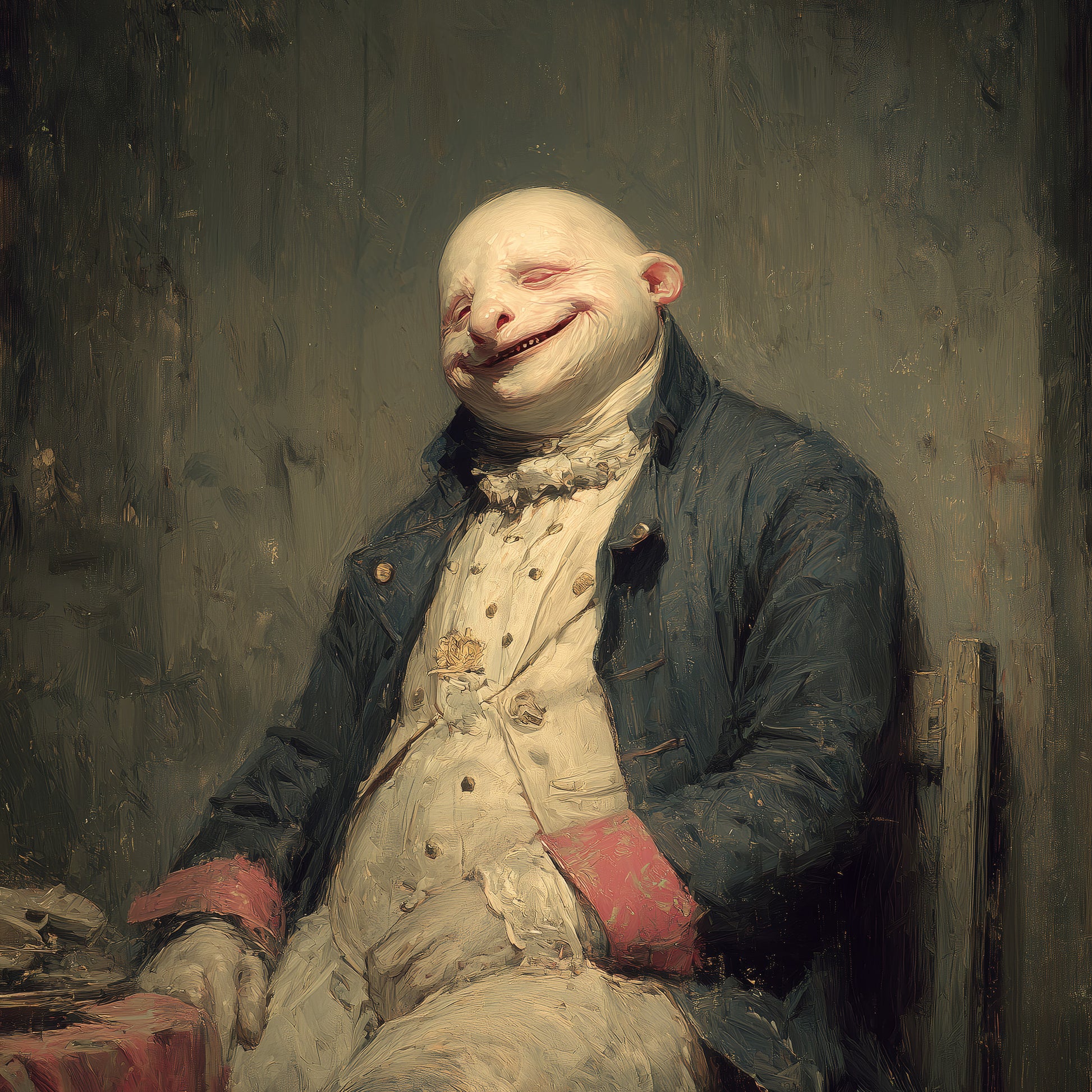 Disturbing classical portrait print featuring bizarre flesh-melting aristocrat in vintage attire
