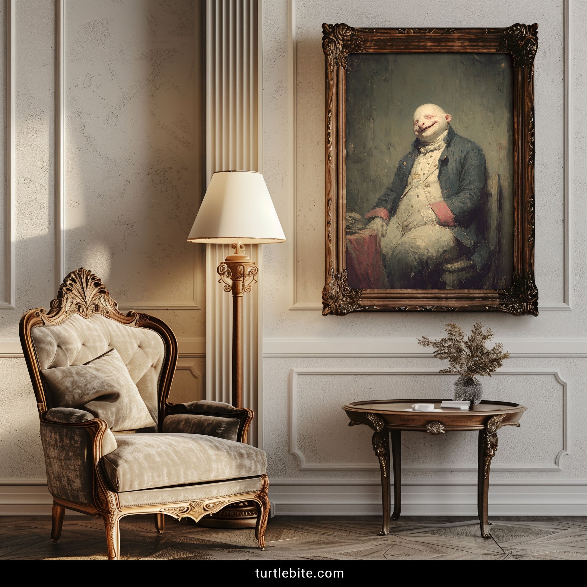 Creepy baroque style artwork showing unusual grotesque nobleman in dark earth tones