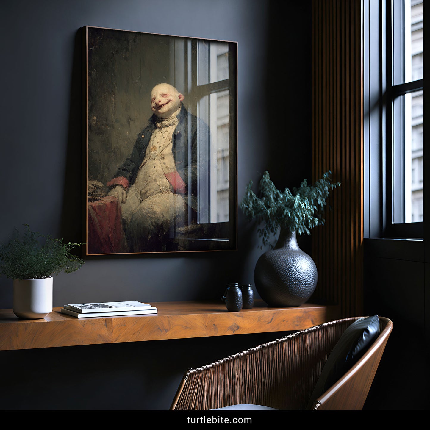 Creepy baroque style artwork showing unusual grotesque nobleman in dark earth tones