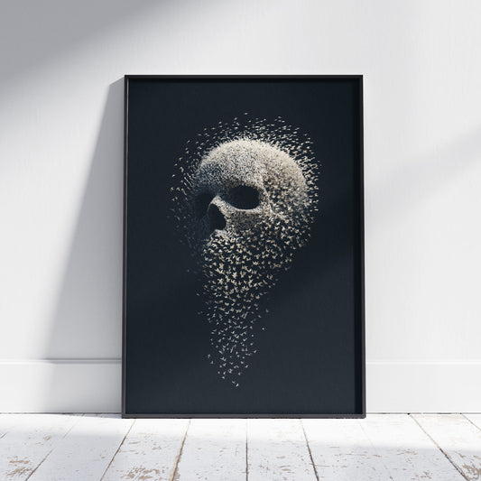 Bird skull poster made entirely of a murmuration of small birds against a dark sky