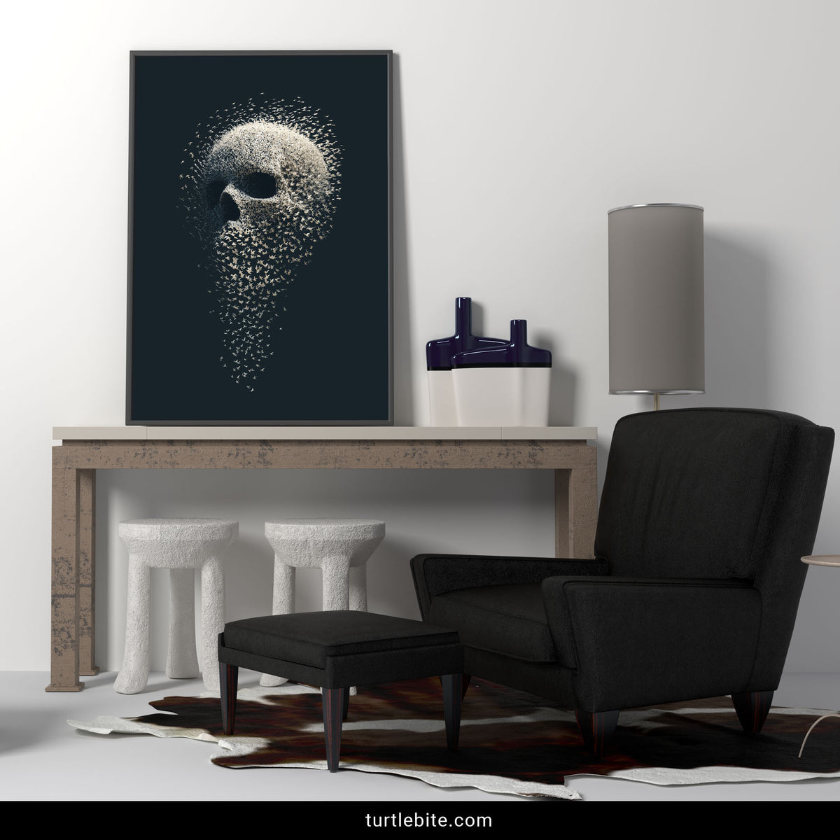 Close-up detail of tightly packed birds forming the cranium in this skull wall decor print