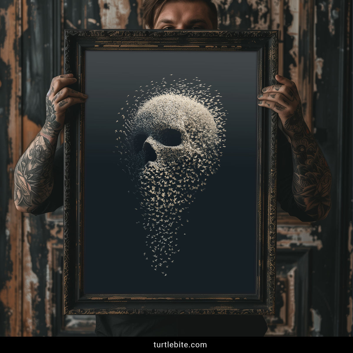 Memento mori art mockup of the murmuration skull poster framed on a dark wall