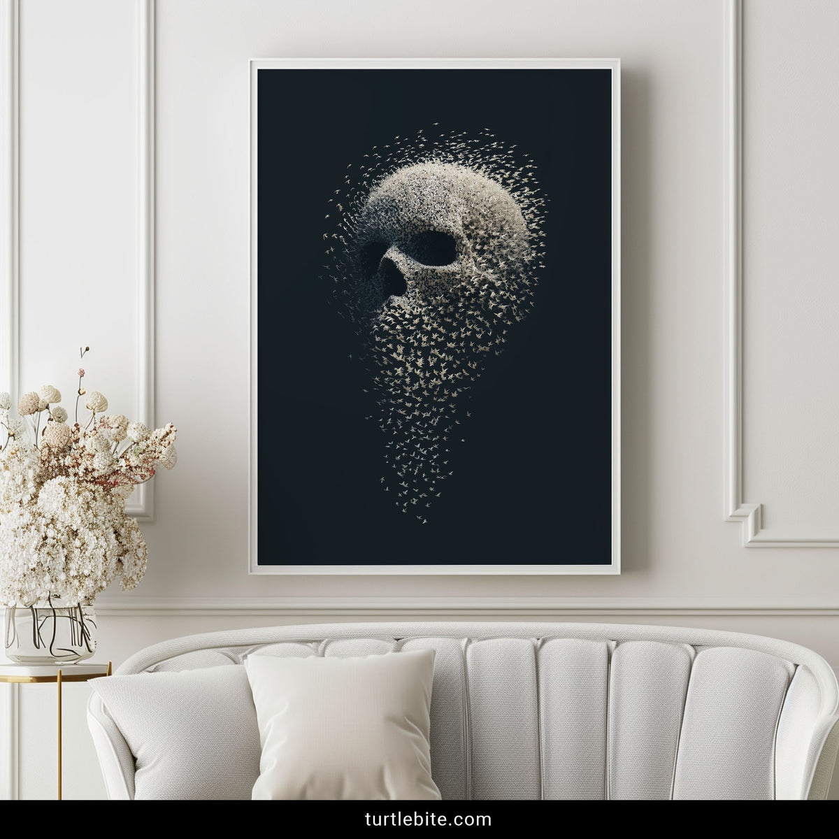 Bird skull poster showing the jawline dissolving into a scattered flock of birds in flight