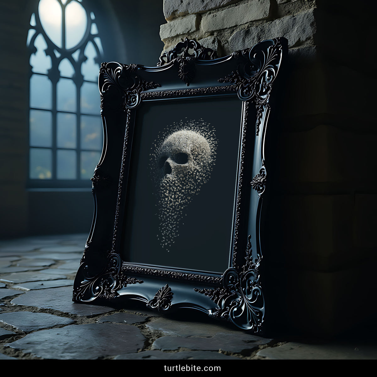 Memento mori art mockup of the murmuration skull poster framed on a dark wall