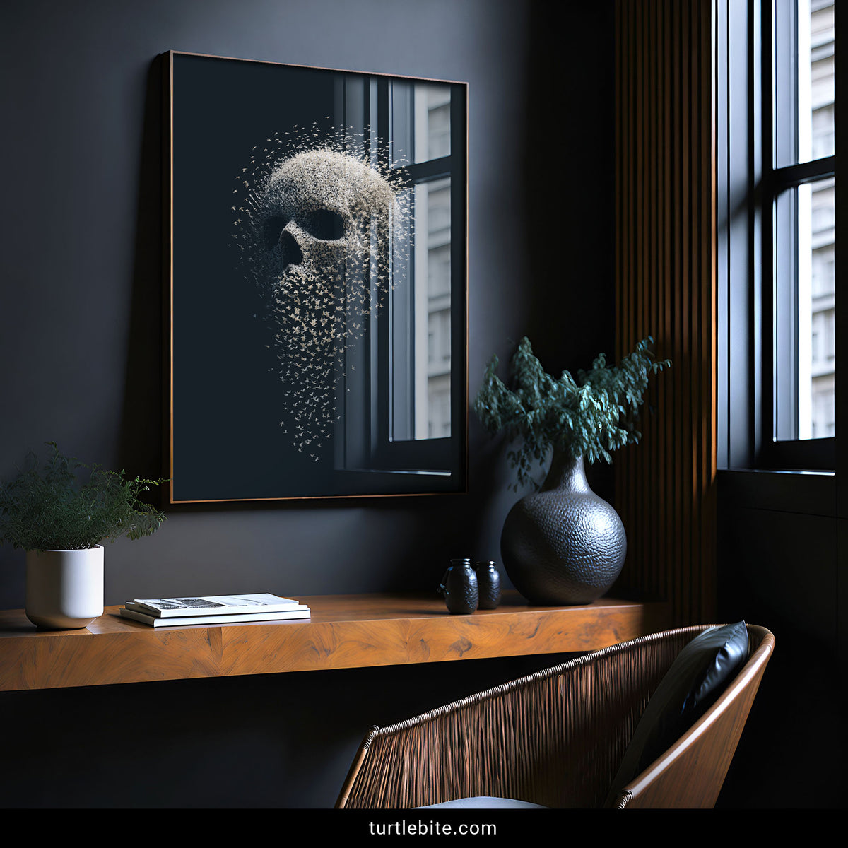 Close-up detail of tightly packed birds forming the cranium in this skull wall decor print
