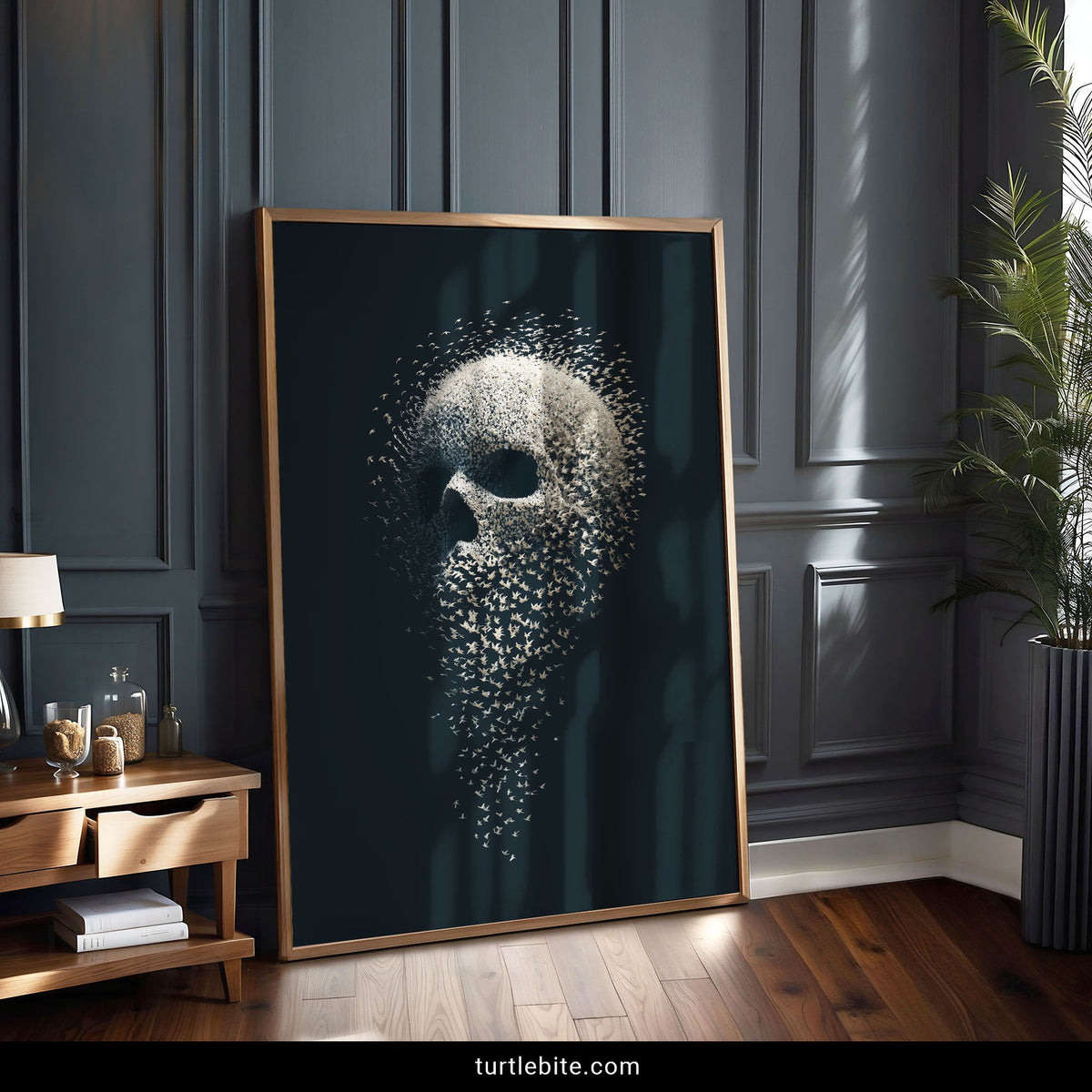 Bird skull poster showing the jawline dissolving into a scattered flock of birds in flight