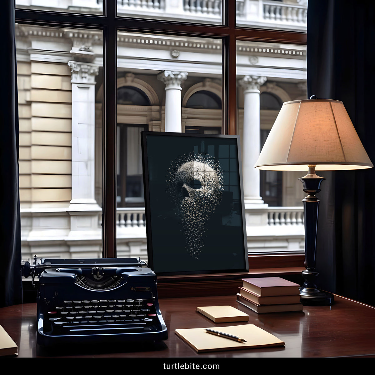 Memento mori art mockup of the murmuration skull poster framed on a dark wall