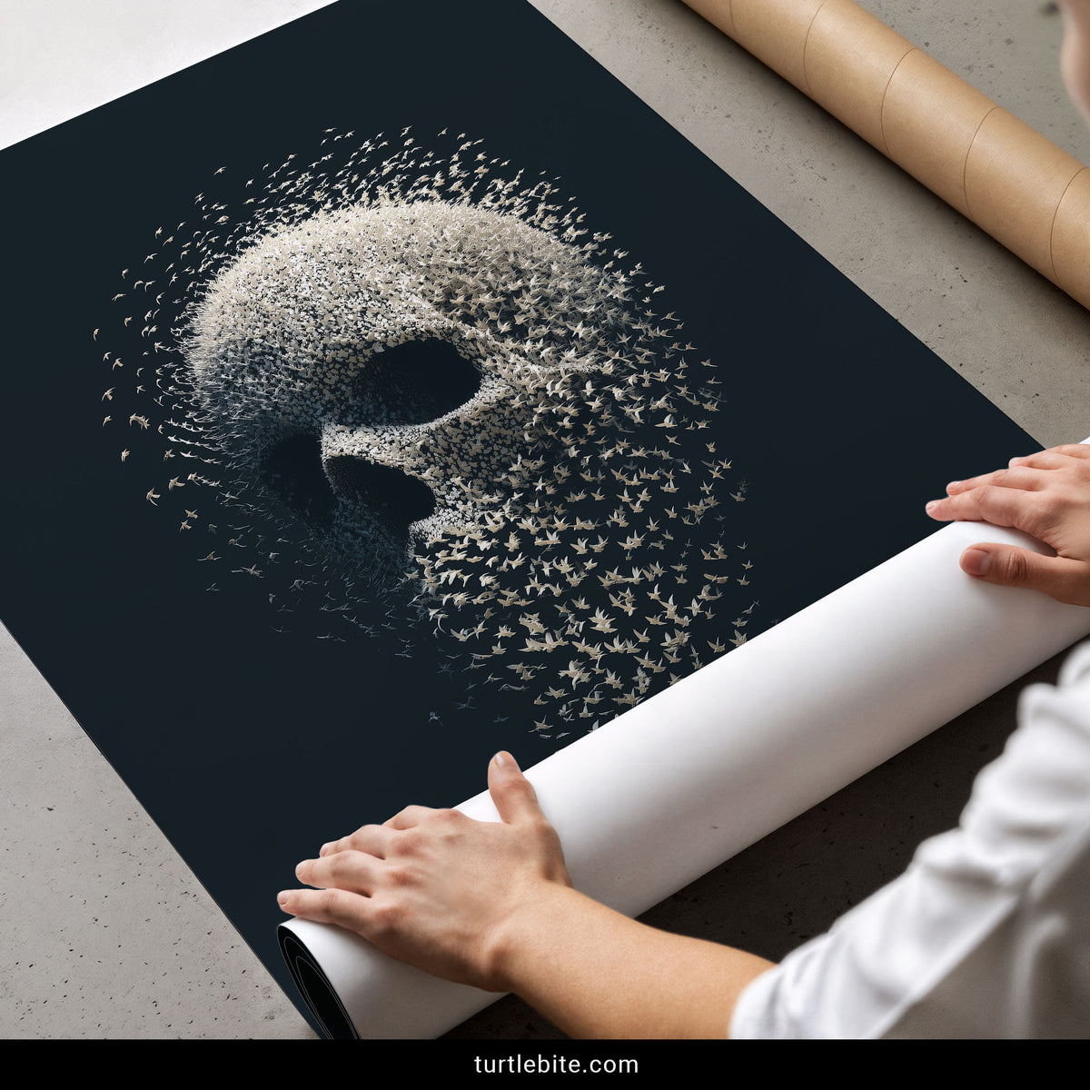 Detail shot of individual birds breaking away from the flock at the base of this skull print
