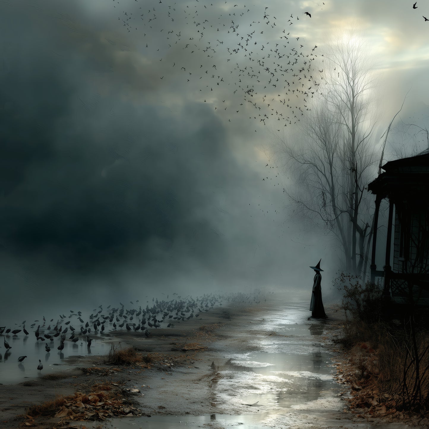 Gothic witchcraft art print showing mysterious witch commanding massive flock of crows in stormy atmospheric landscape