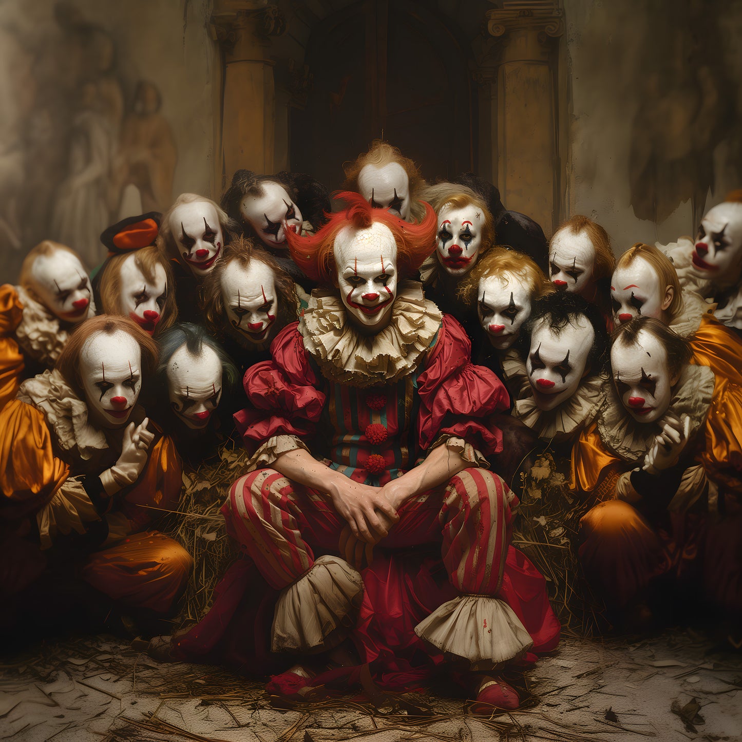 Bizarre Clown Family Poster: Creepy Clowncore Gothic Wall Art