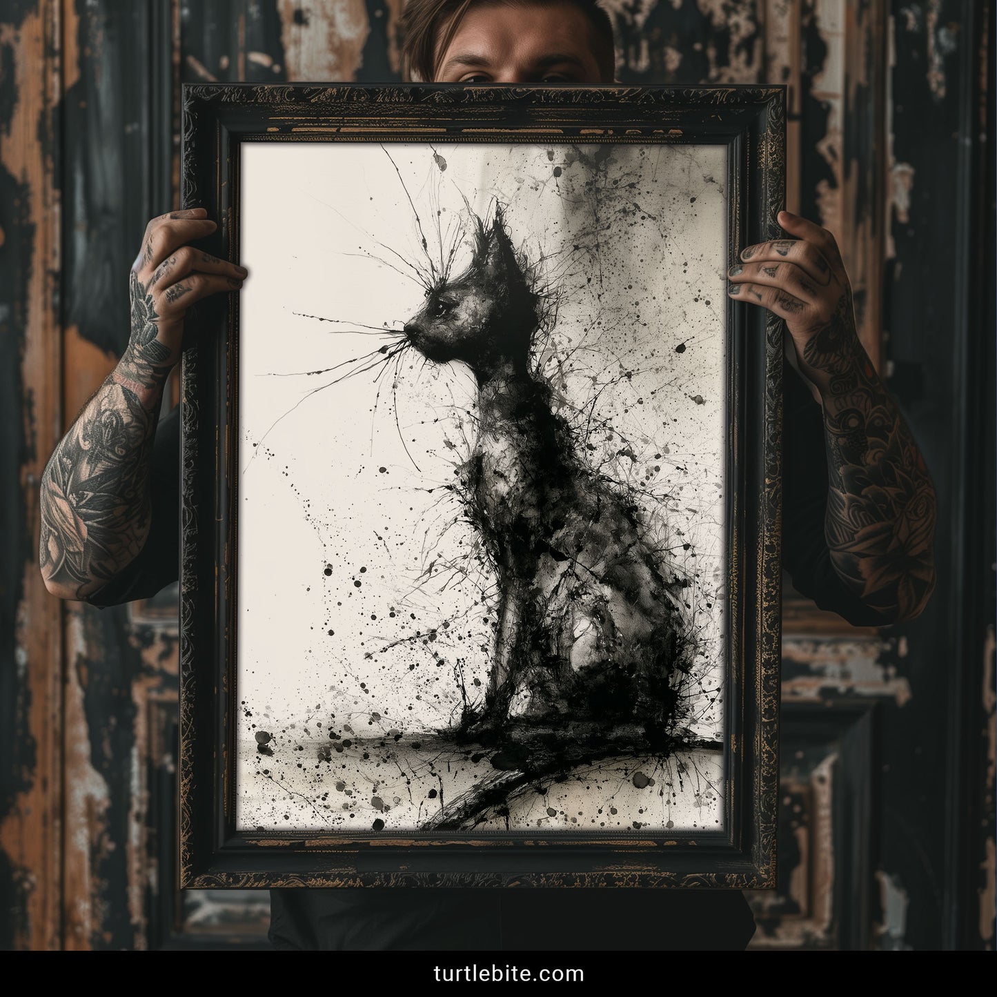 Gothic cat wall art featuring abstract watercolor ink splatters in monochrome