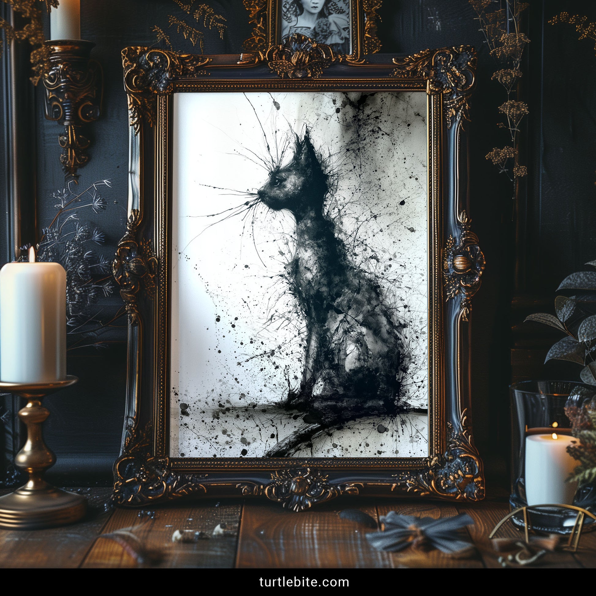 Dark moody cat poster with grunge splatter paint aesthetic for alternative decor
