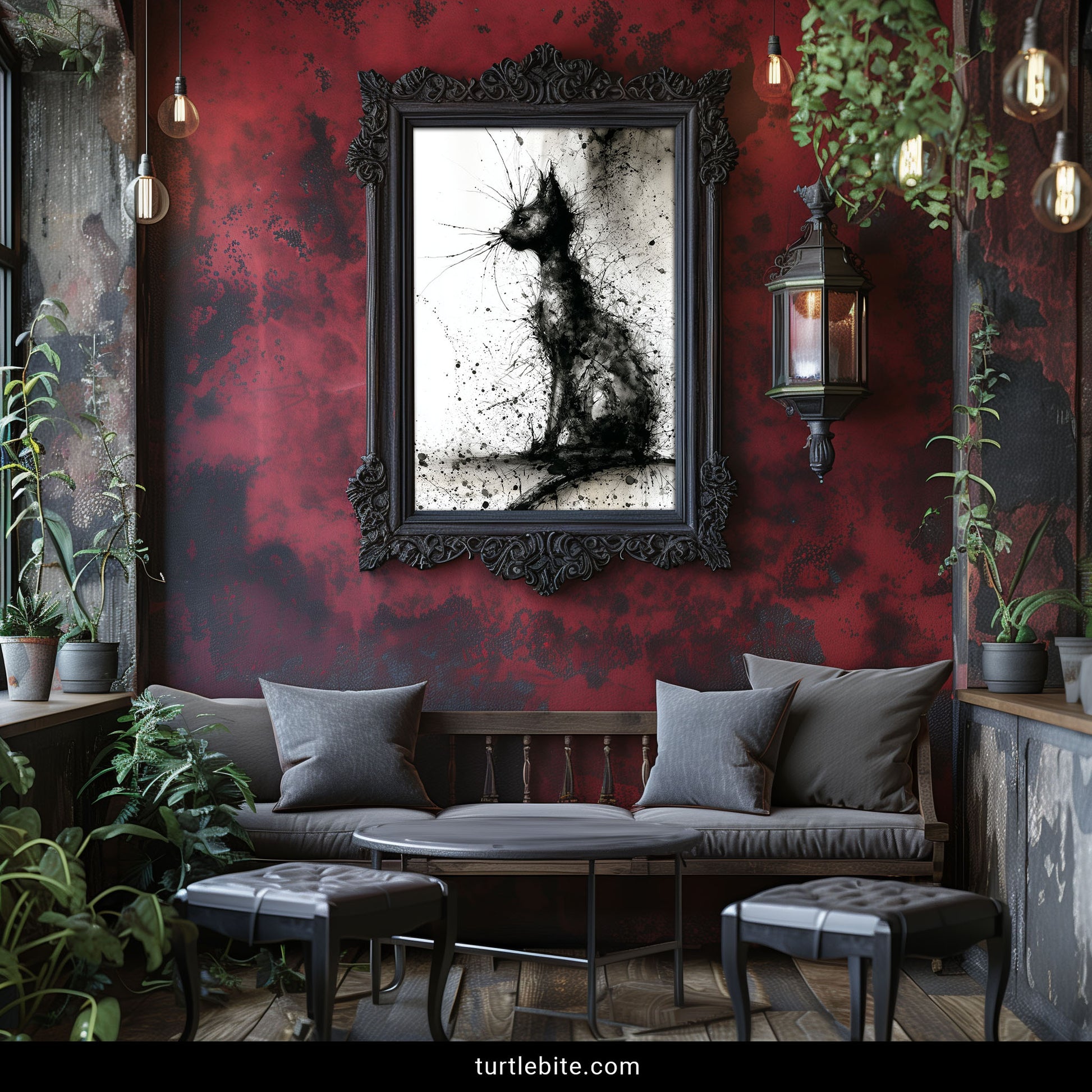 Dark moody cat poster with grunge splatter paint aesthetic for alternative decor